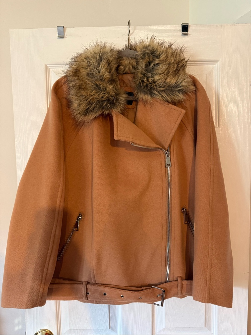 Eloquii Camel Faux-Fur Collar Moto Coat